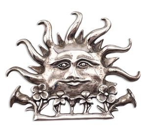 sterling silver man in the sun face flower brooch pin