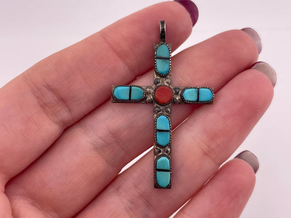 sterling silver turquoise coral jet inlay cross pendant