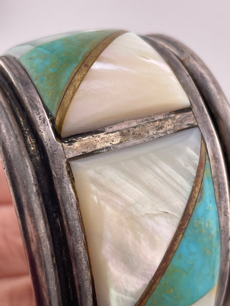 sterling silver heavy turquoise, mother of pearl, & brass inlay cuff bracelet