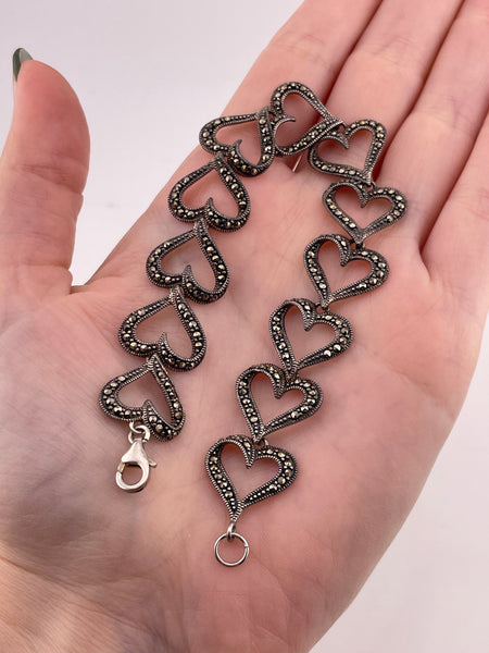 sterling silver 7 3/4" marcasite heart link bracelet