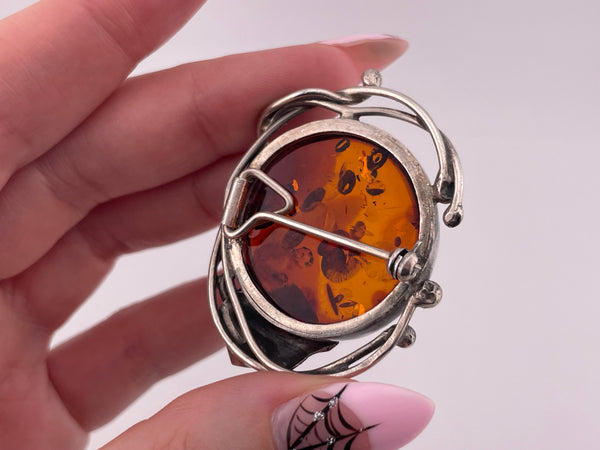 sterling silver round amber leaf brooch pin