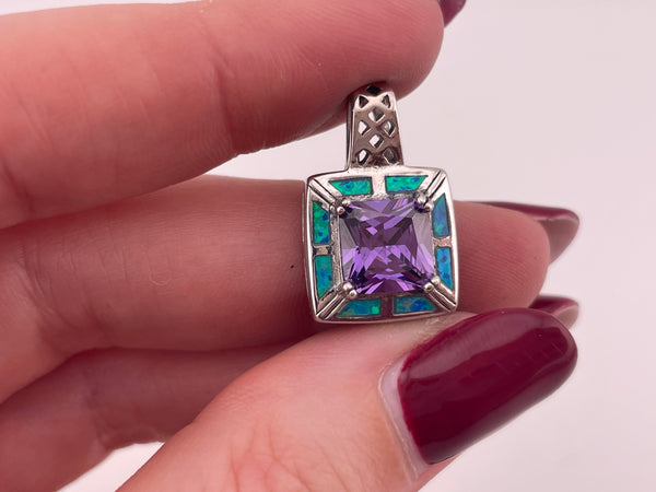 sterling silver lab opal faceted purple glass square pendant