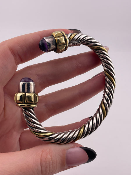 sterling silver & brass heavy cable twist amethyst cuff bracelet