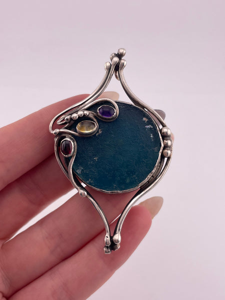 sterling silver Roman glass & multi-stone brooch / pendant