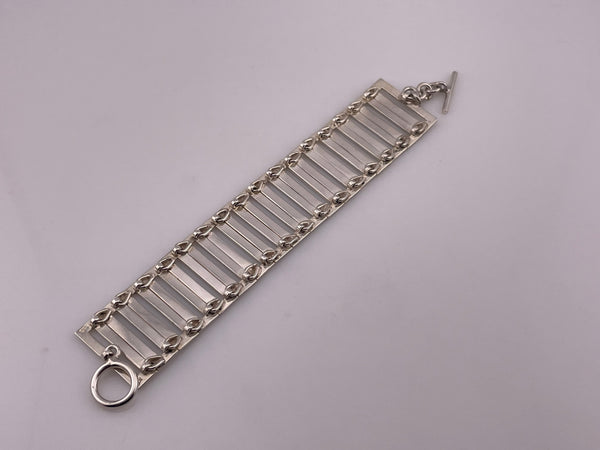 sterling silver Mexican chunky heavy rectangle cut-out panel toggle clasp link bracelet