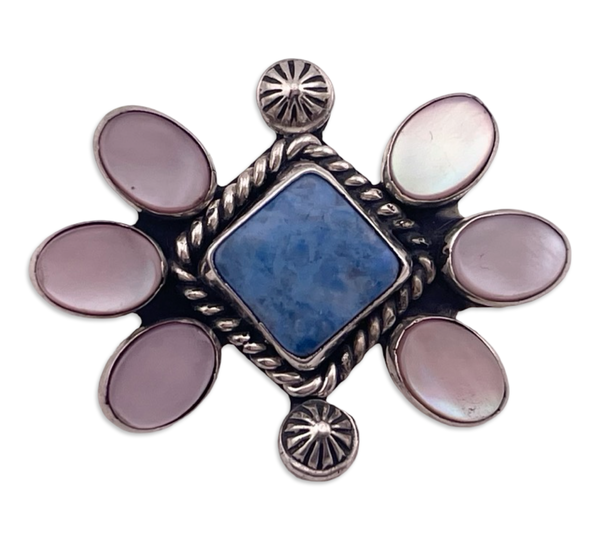 sterling silver mother of pearl denim lapis brooch pin
