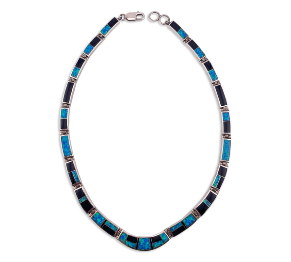 sterling silver 16-3/4" lab opal black jade collar necklace