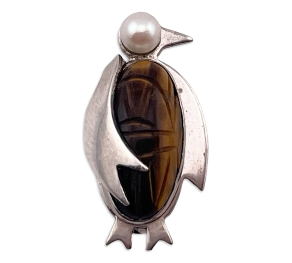sterling silver penguin carved tigers eye scarab pearl brooch pin