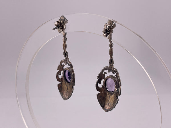 sterling silver marcasite & faceted amethyst pendulum post dangle earrings