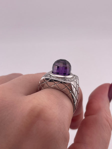 size 9 sterling silver rhodium plated faceted purple glass rhinestone ring