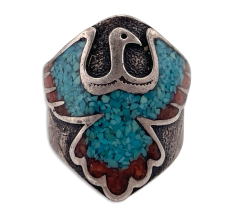 size 8.5 sterling silver crushed turquoise & coral bird ring