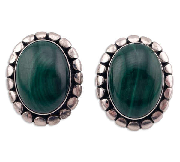 sterling silver oval dot design malachite post earrings