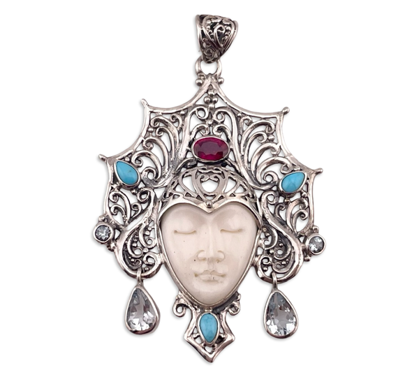 sterling silver molded plastic face quartz lab ruby stabilized turquoise pendant