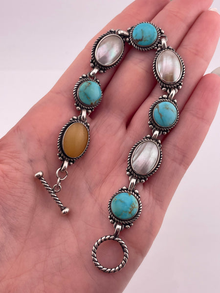 sterling silver 7-1/2" mother of pearl shell stabilized turquoise bracelet