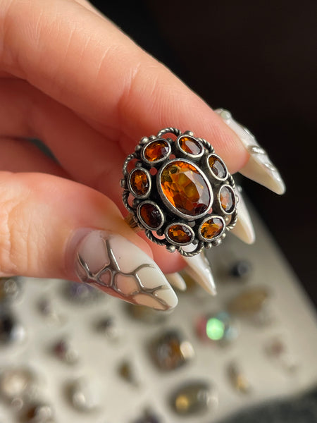 size 6 sterling silver faceted orange citrine cluster ring