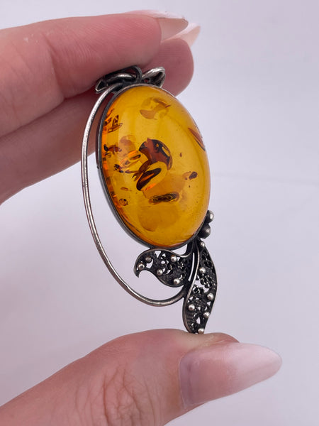 sterling silver amber filigree pendant