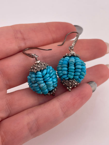 sterling silver beaded stabilized turquoise flower dangle earrings