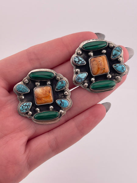 sterling silver Navajo Gary Johnson spiny oyster turquoise malachite post earrings