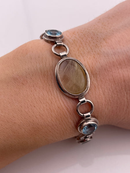 sterling silver 7" rutilated quartz & faceted blue topaz link bracelet