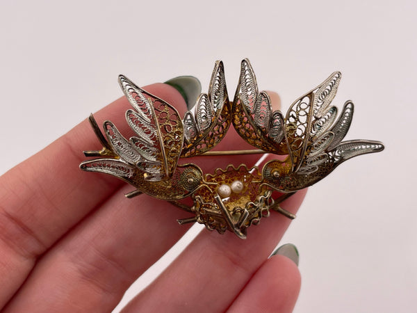 800 silver birds & nest synthetic pearl brooch pin
