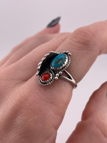 size 7.5 sterling silver turquoise coral ring