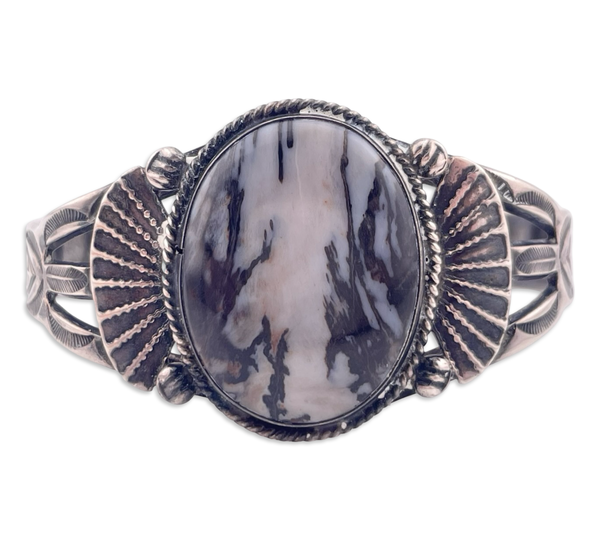 sterling or coin silver Fred Harvey era petrified wood cuff bracelet