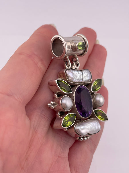 sterling silver faceted amethyst peridot pearl pendant