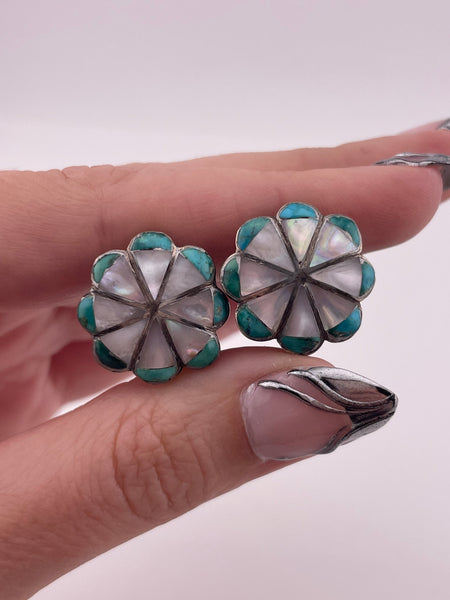 sterling silver mother of pearl turquoise screw-back earrings