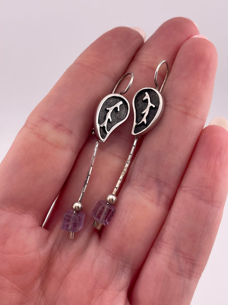 sterling silver leaf amethyst hook earrings