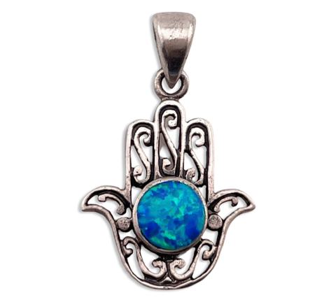 sterling silver Hamsa hand lab opal pendant