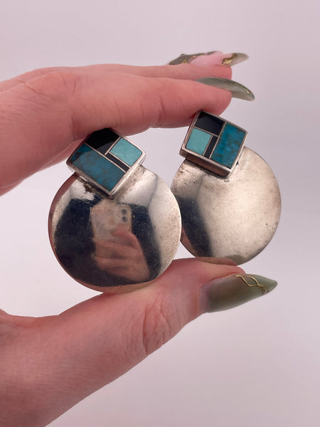 sterling silver Ray Tracey Knifewing turquoise onyx inlay clip-on earrings