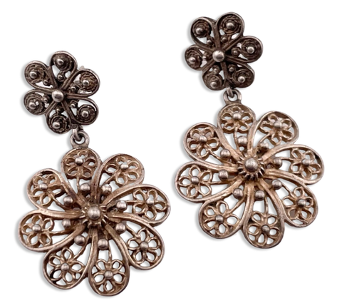 sterling silver ornate flower post dangle earrings