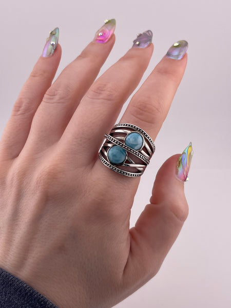 size 8.75 sterling silver rhodium plated larimar ring