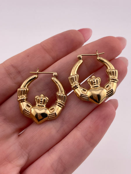 14k yellow gold Claddagh puffy hoop earrings