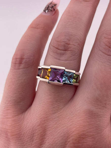 size 6.25 sterling silver colorful faceted square multi-gemstone row ring