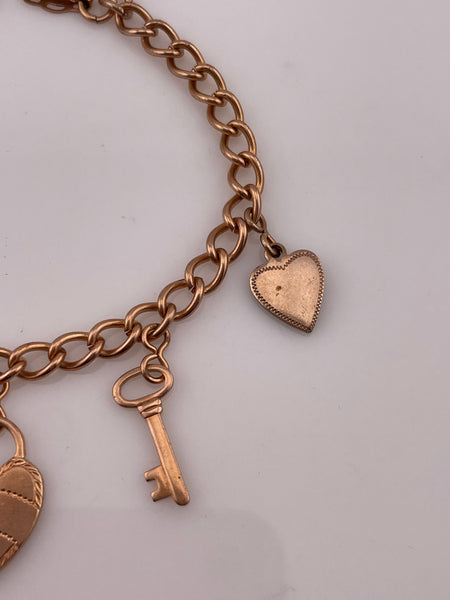 gold plated new old stock 'Key to my Heart' charm heart padlock key chain link bracelet