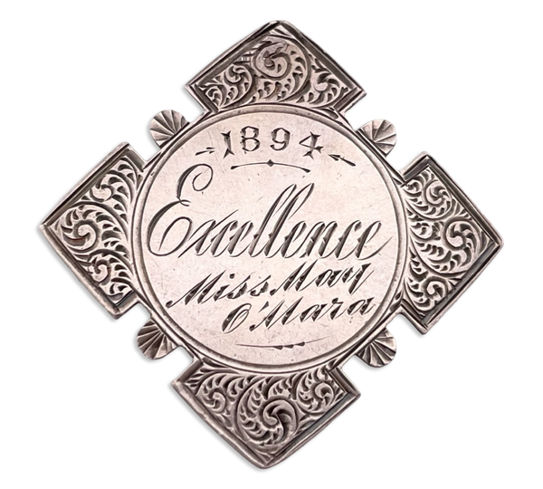 sterling silver antique 1894 'Excellence' engraved pin brooch