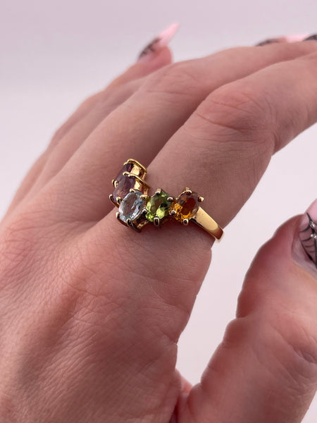 size 9 gold plated sterling silver faceted multi-gemstone chevron ring