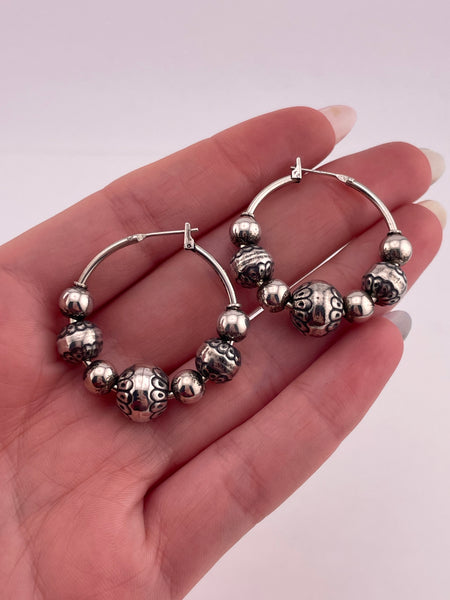 sterling silver stamped bead hoop earrings