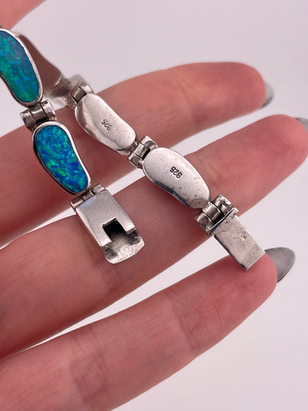 sterling silver 7-1/4" blue opal simulant link bracelet