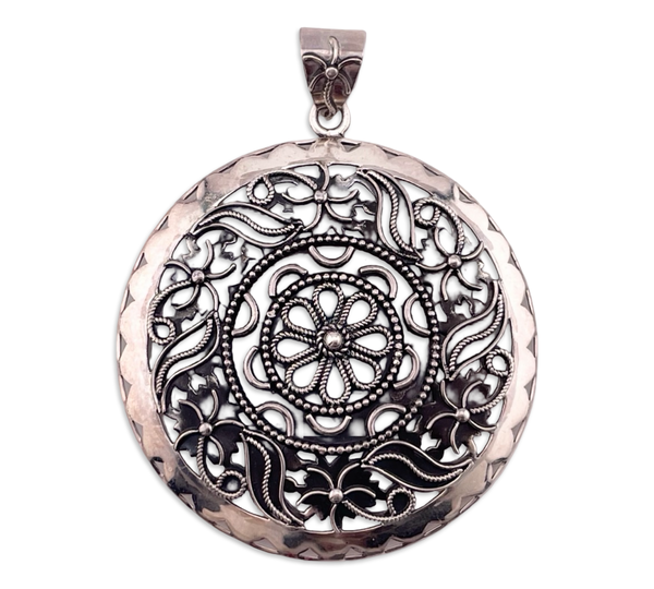 sterling silver large stoneless ornate cut-out floral pendant