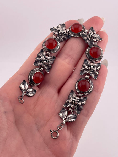 sterling silver 7-1/8" rhodium plated carnelian pressed flower bracelet