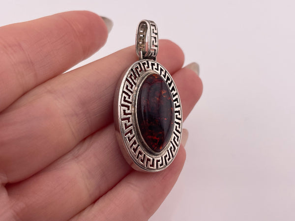 sterling silver synthetic amber Greek Key design pendant