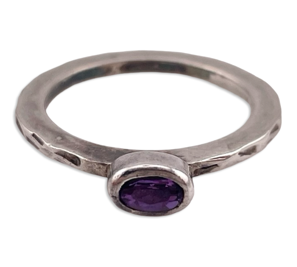 size 7 sterling silver faceted oval amethyst textured band ring