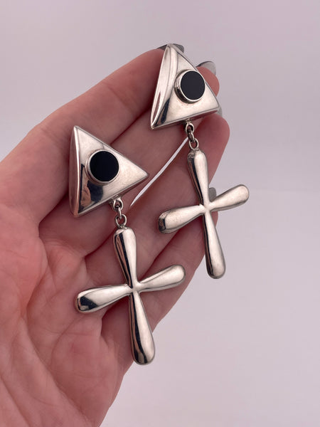 sterling silver Mexican black resin cross post dangle earrings