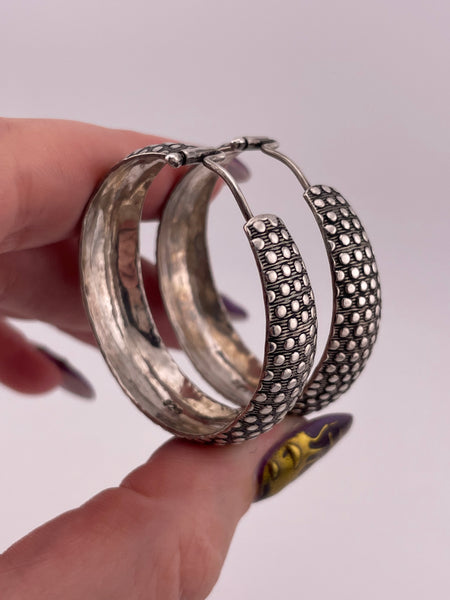 sterling silver 1 1/2" polka dot textured hoop earrings