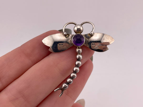 sterling silver dragonfly amethyst brooch pin