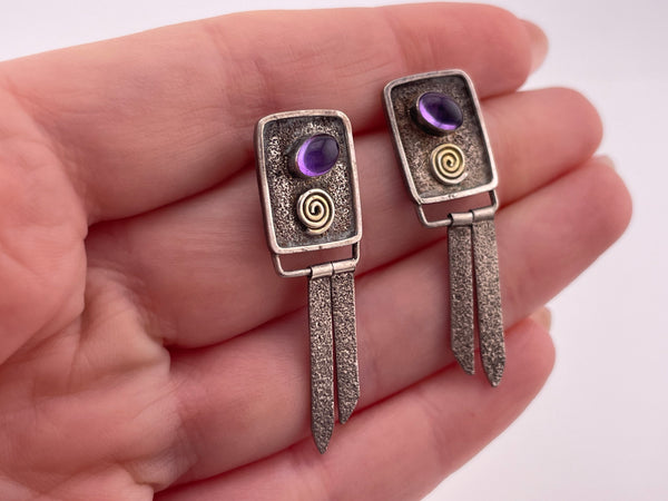 sterling silver & gold plated amethyst fringe post dangle earrings