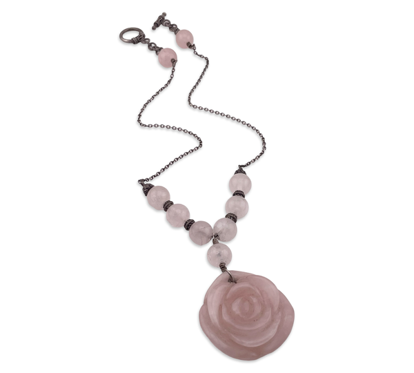 sterling silver 16 1/4" carved rose quartz flower necklace