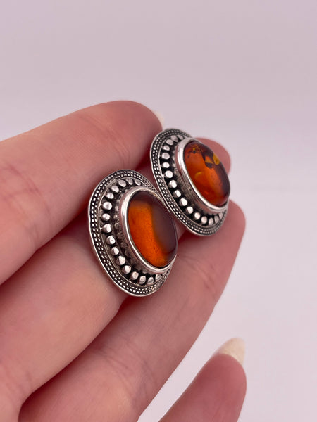 sterling silver oval amber dot design post earrings